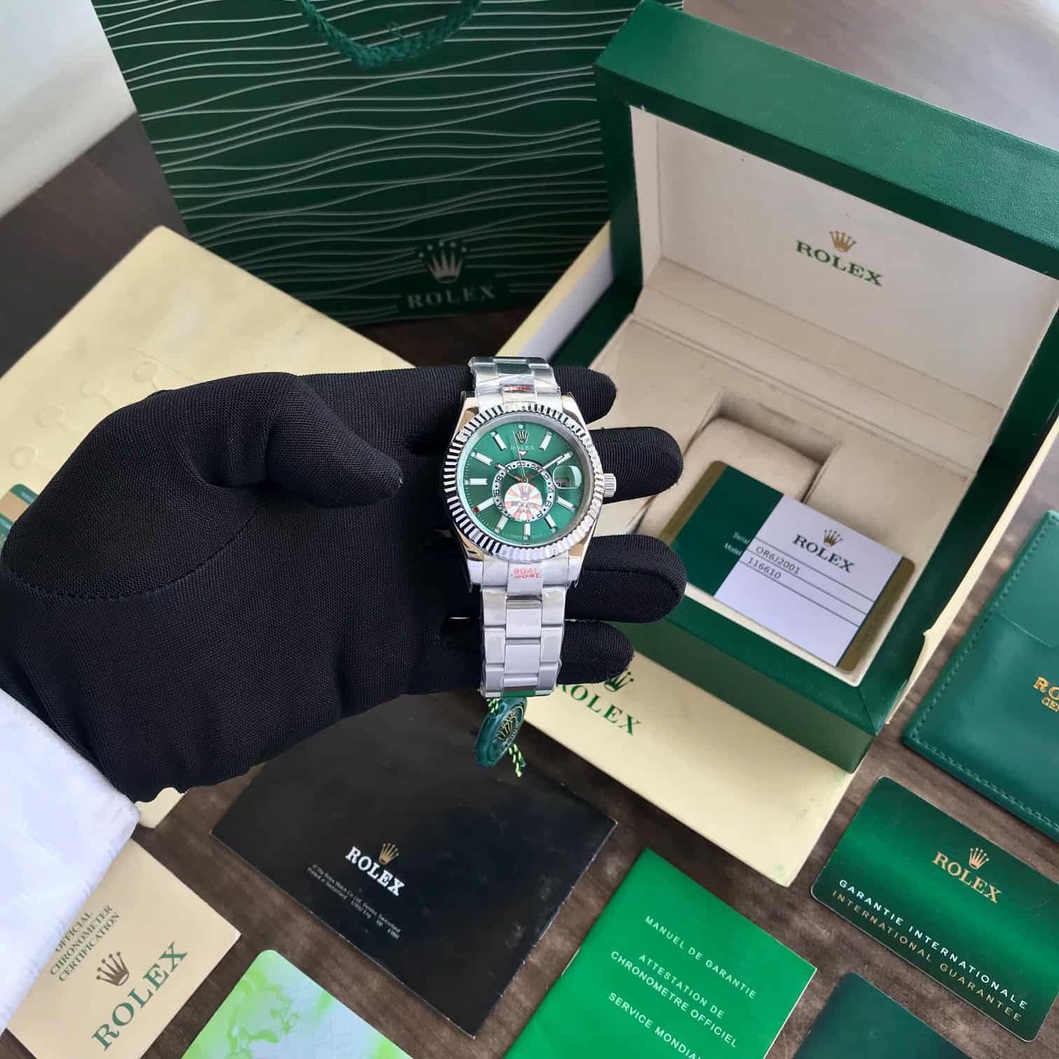 Rolex SkyDweller Silver Green Dial Oyster Chain Belt Automatic Men’s Watch
