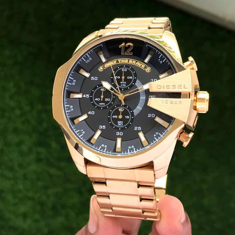 Diesel Mega Chief Full Gold & Black Dial Chronograph Mens Watch