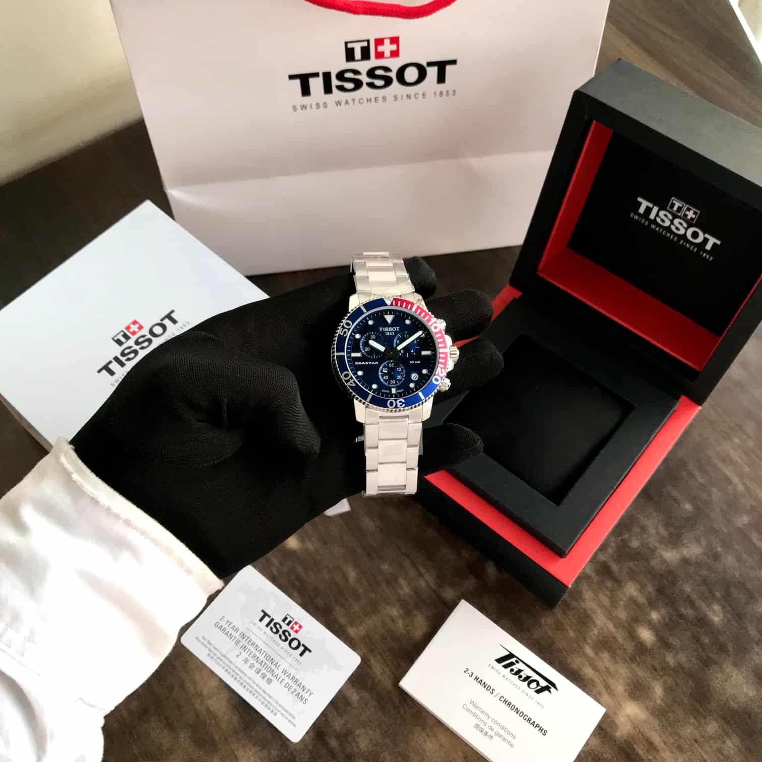 Tissot Seastar 1000 Chronograph Blue Dial Red Bazel Stainless Steel Chain Quartz Movement Men’s Watch