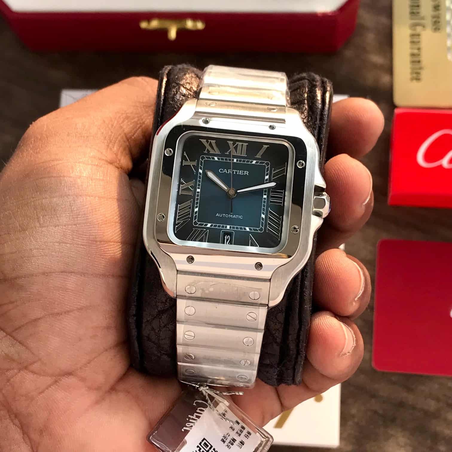Cartier De Santos Silver Blue Swiss ETA Movement Automatic Men’s Watch