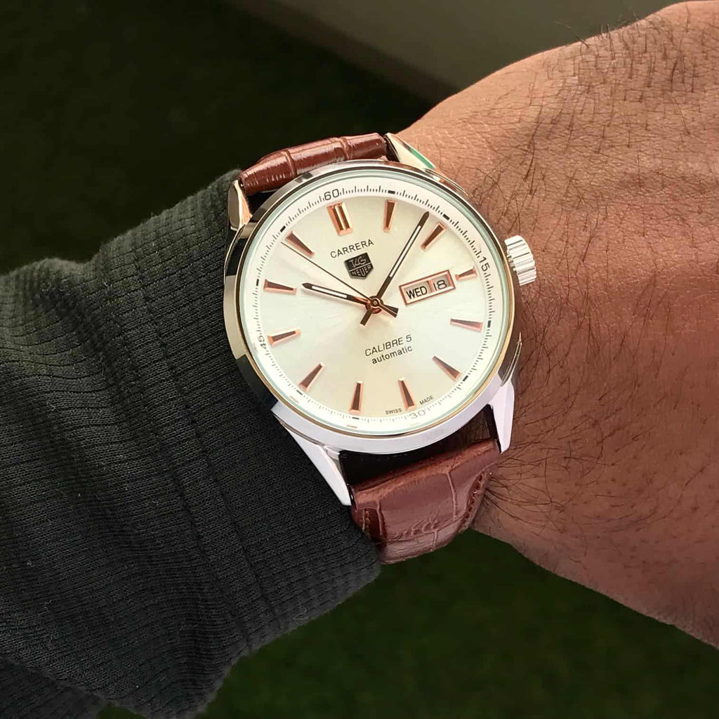 Tag Heuer Grand Carrera Calibre 5 Day Date White Copper Dial & Brown Leather Strap Swiss Japanese Automatic Machinery Mens Watch