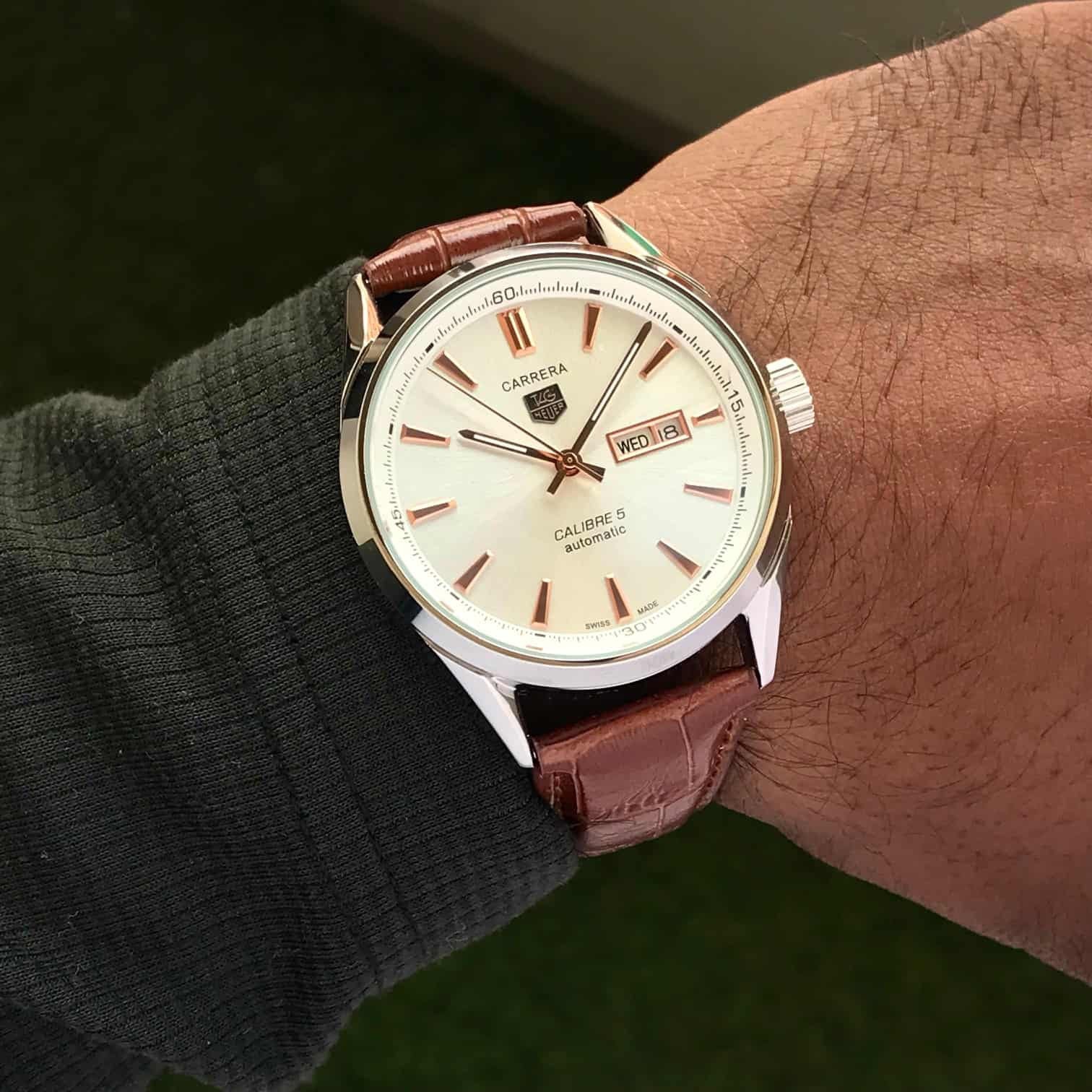 Tag Heuer Grand Carrera Calibre 5 Day Date White Copper Dial & Brown Leather Strap Swiss Japanese Automatic Machinery Mens Watch