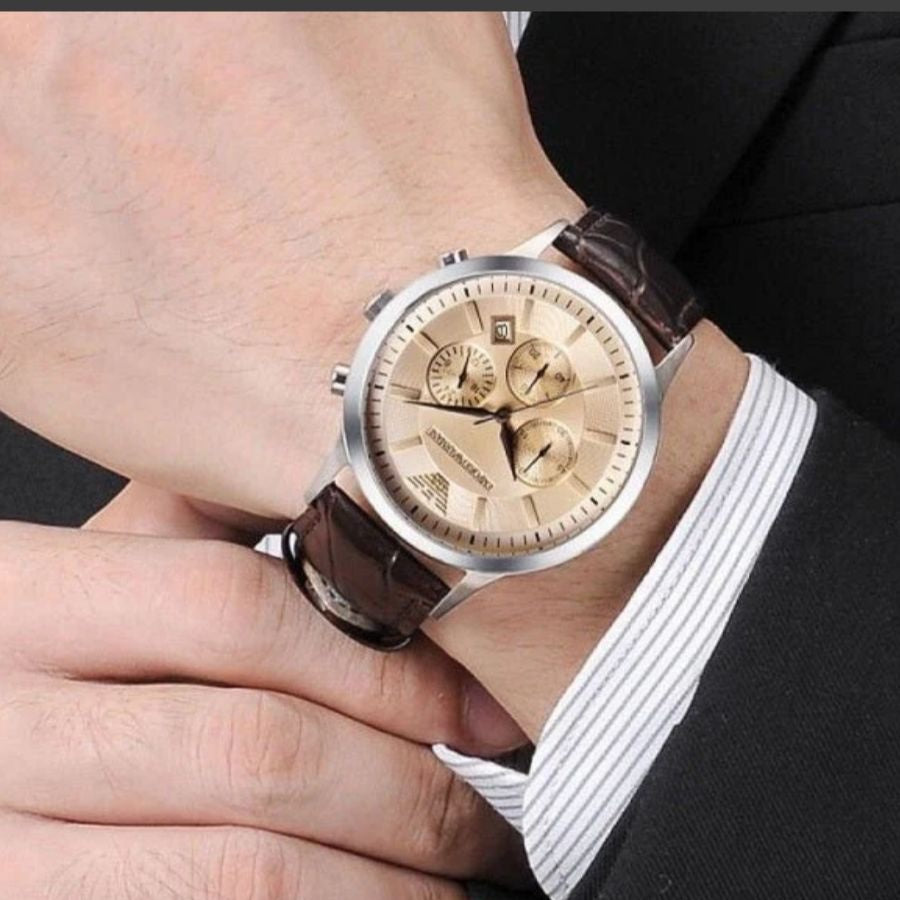 Emporio Armani AR2433 Chronograph Beige & Brown Leather Strap Mens Watch