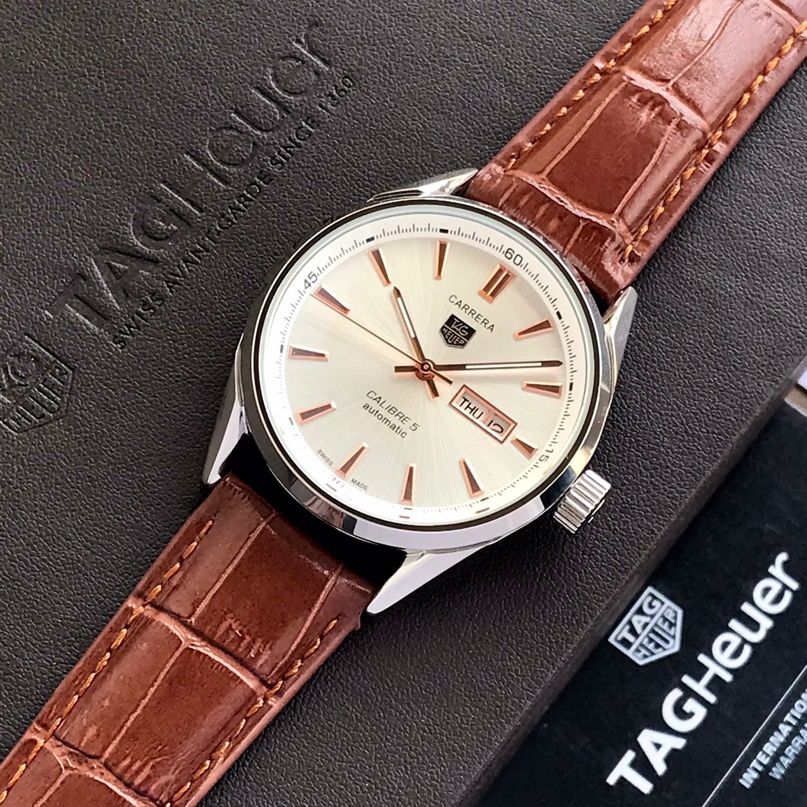 Tag Heuer Grand Carrera Calibre 5 Day Date White Copper Dial & Brown Leather Strap Swiss Japanese Automatic Machinery Mens Watch