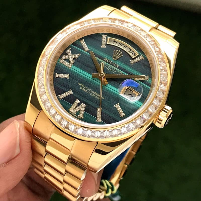 Exclusive Rolex Day Date Golden Green Dial & Diamond Basel Japanese Automatic Watch