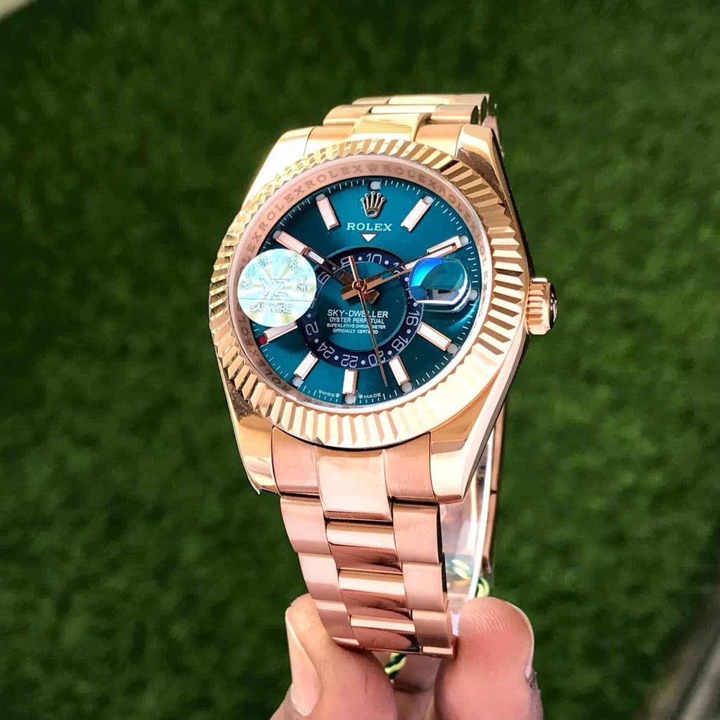 Rolex SkyDweller Rose Gold Blue Dial Oyster Chain Automatic Mens Watch