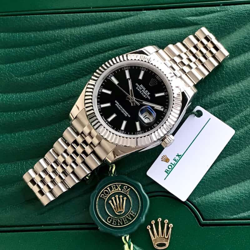 Rolex Datejust 41 Silver & Steel Fluted Jubilee Black Dial Swiss Semi ETA 3235 Movement