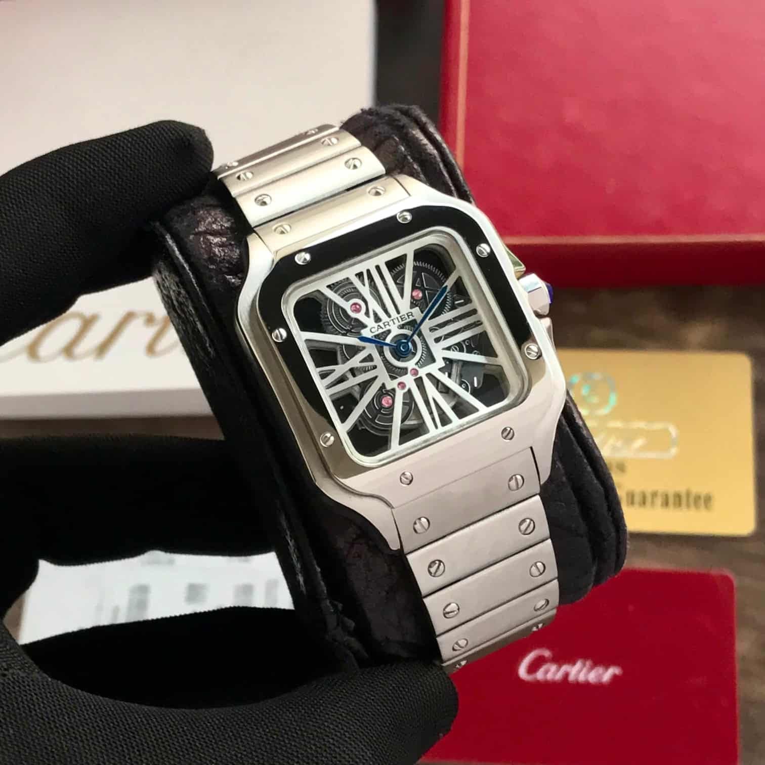 Cartier Santos De Skeleton Stainlees Steel Automatic Mens Watch
