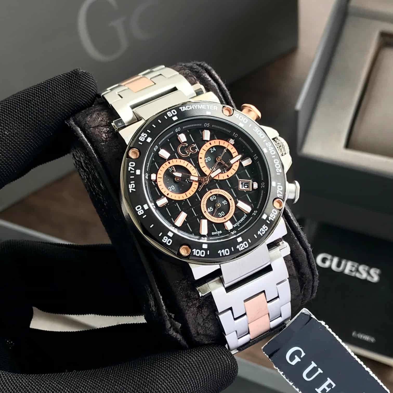 GC Heren Horloge Y81003G7MF Staal Black Dial Swiss Made Quartz Chronograph