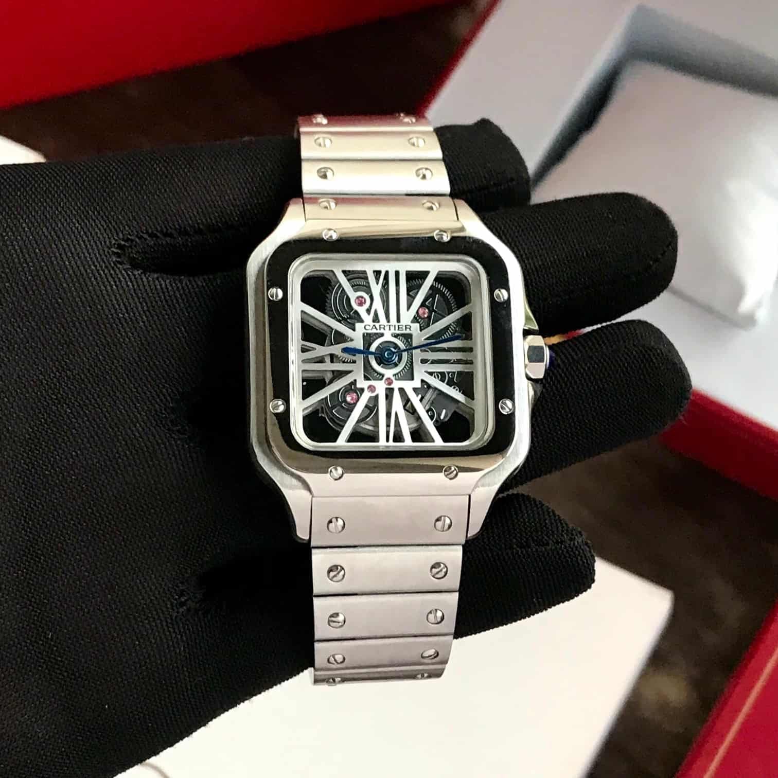 Cartier Santos De Skeleton Stainlees Steel Automatic Mens Watch