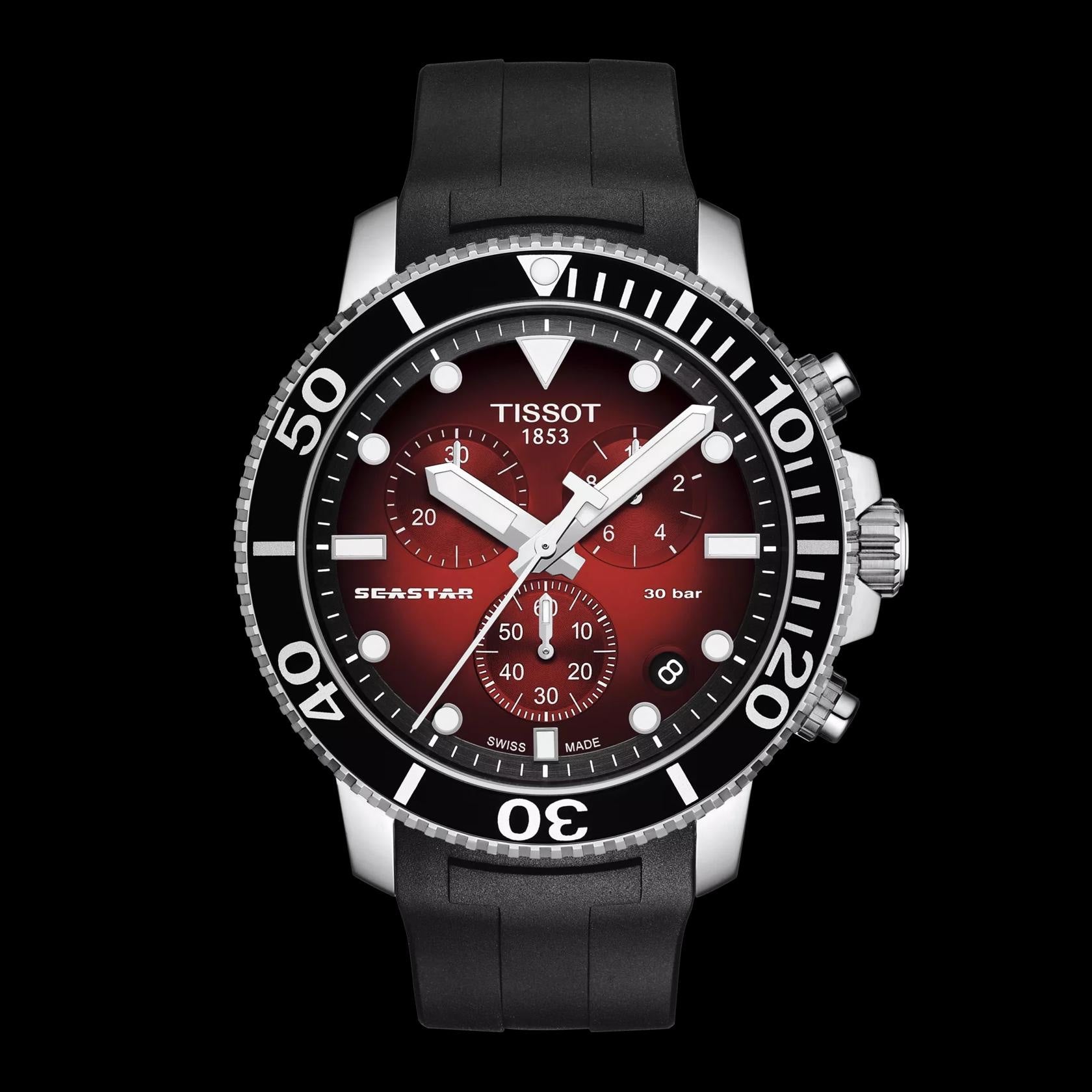 Tissot Seastar 1000 Chronograph’s Burgundy Dial Black Fiber Belt 100% Authentic Mens Watch