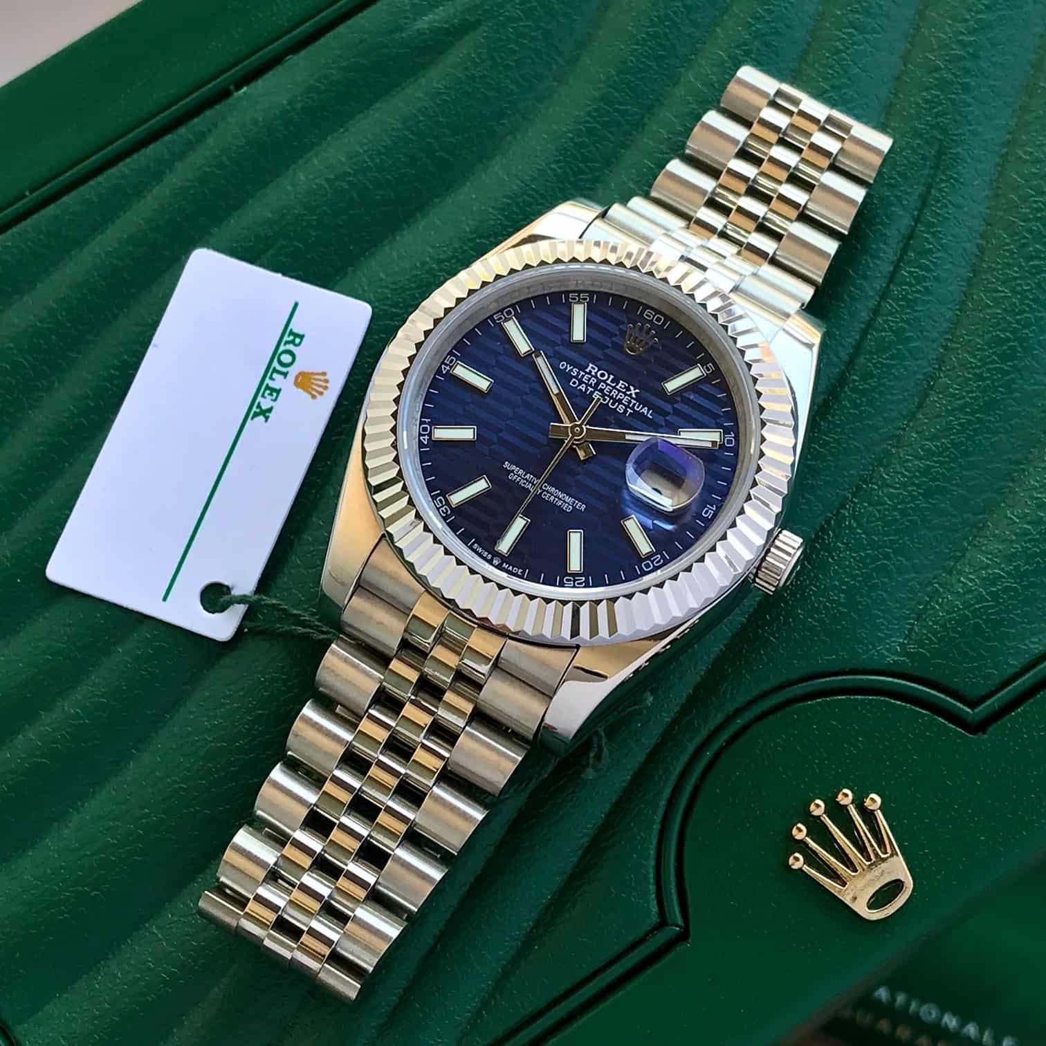 Rolex Date Just 41 Blue Motif Index Dial Fluted Bezel Jubilee Stainless Steel & Japanese Master Quality Mens Watch