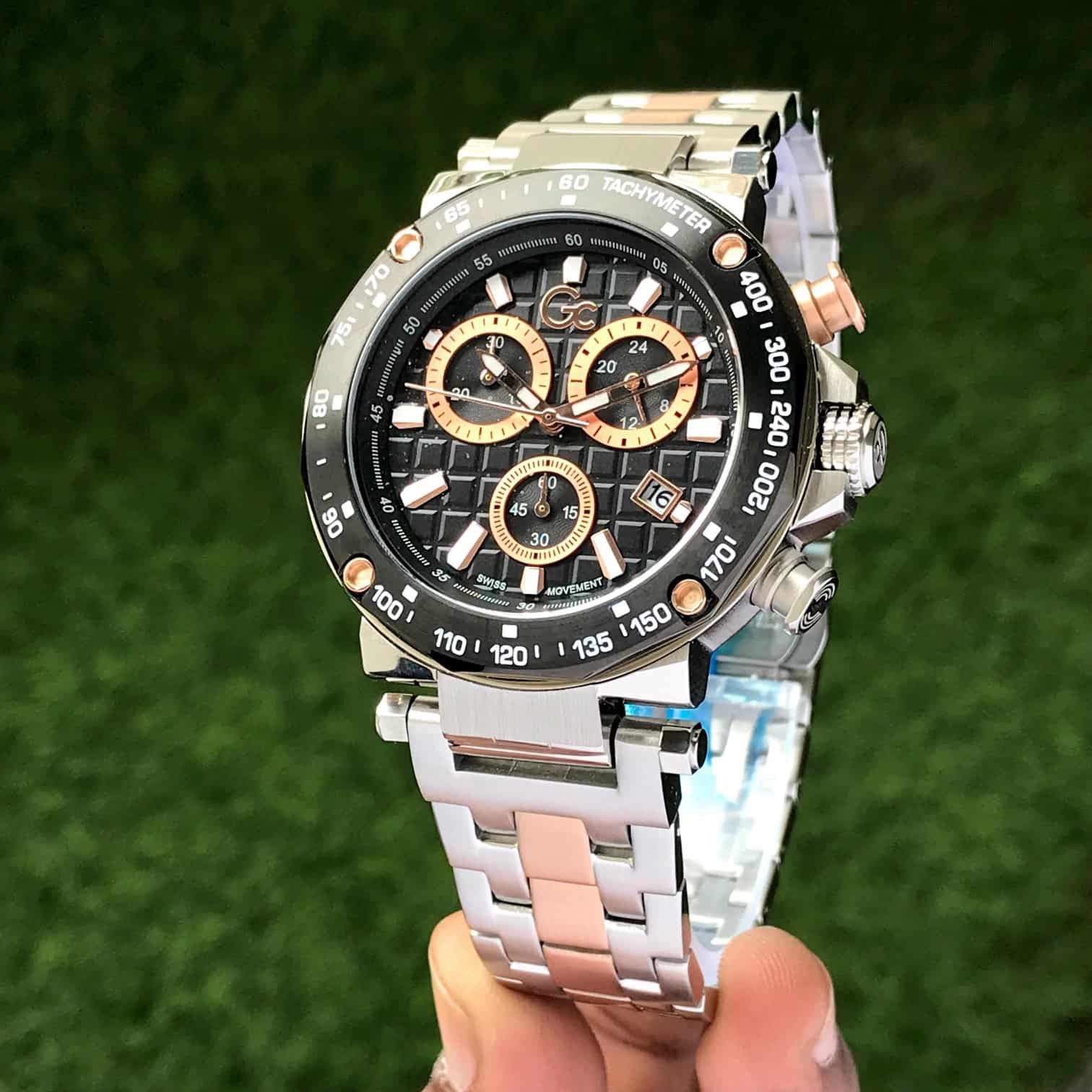 GC Heren Horloge Y81003G7MF Staal Black Dial Swiss Made Quartz Chronograph