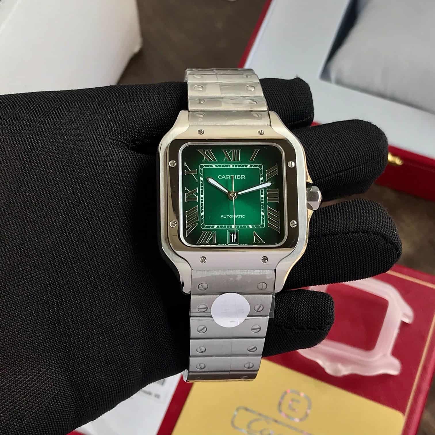 Cartier De Santosh Silver Green Dial Swiss ETA Movement Men’s Watch