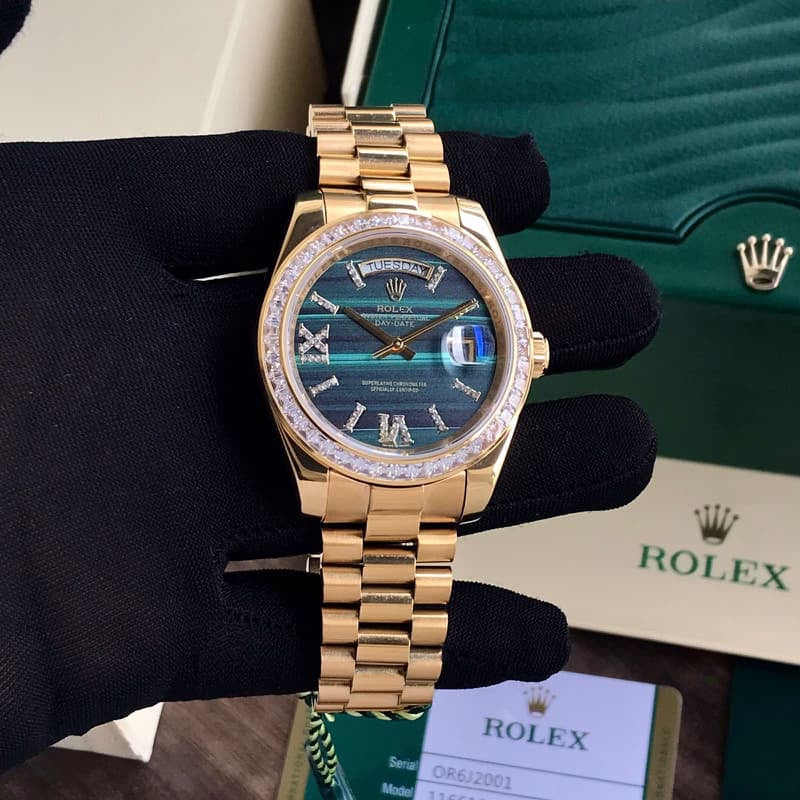 Exclusive Rolex Day Date Golden Green Dial & Diamond Basel Japanese Automatic Watch