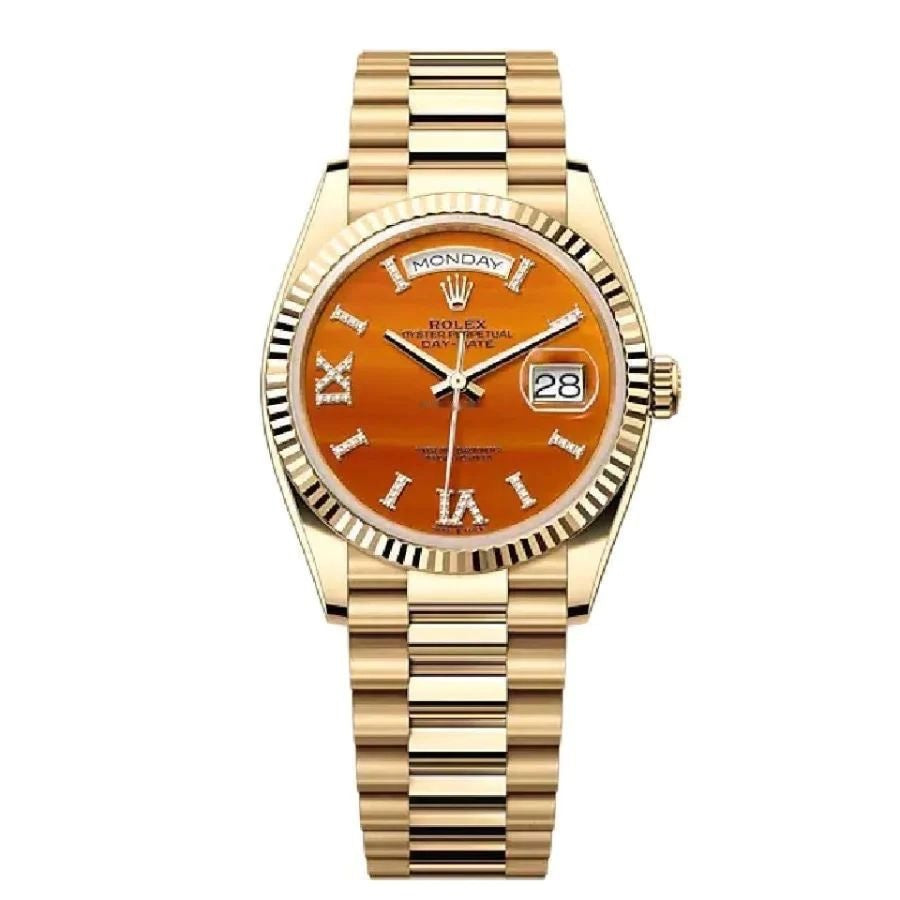 Rolex Day-Date President Yellow Gold Carnelian Orange Diamond Roman Dial Japanese Automatic Men’s Watch