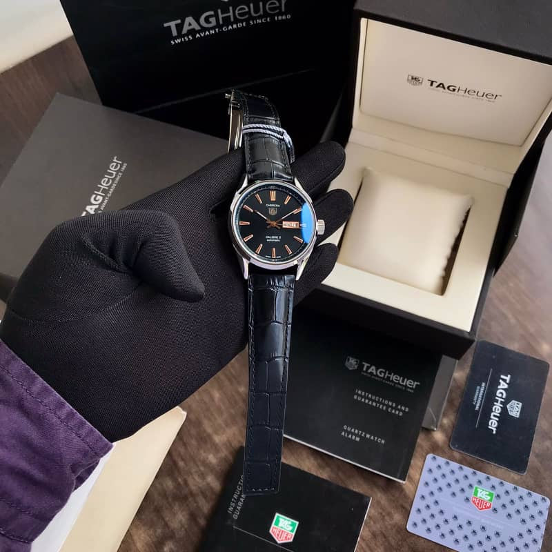 Tag Heuer Grand Carrera Calibre 5 Day Date Black Dial & Black Leather Strap Swiss Japanese Automatic Machinery Mens Watch