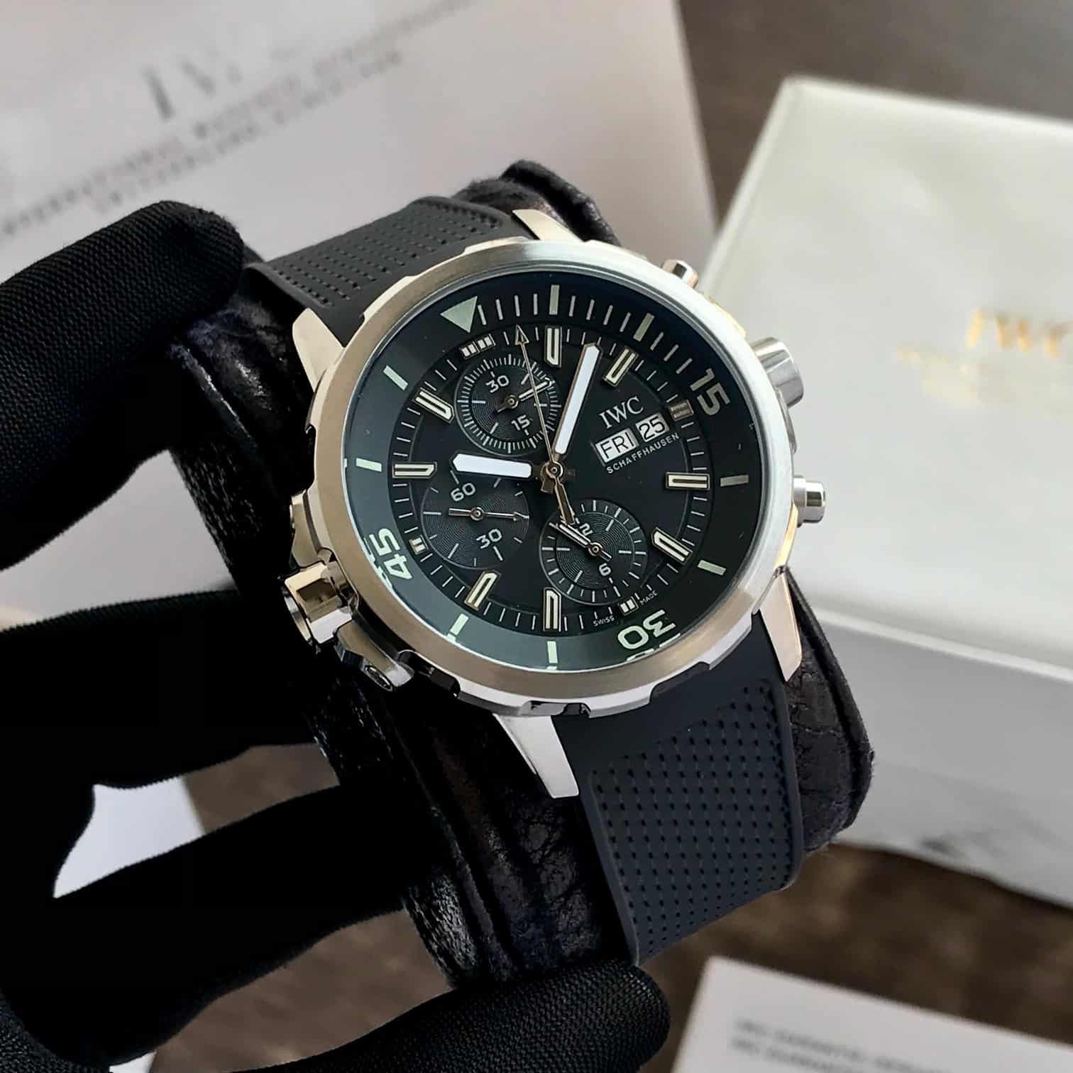 IWC Aquatimer Chronograph’s Day Date Black Dial Black Belt Men’s Watch