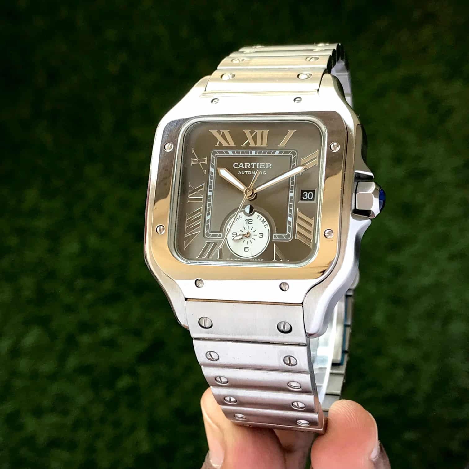 Cartier De Santos Stainless Steel Grey Dial Dual Time Premium Automatic Men’s Watch