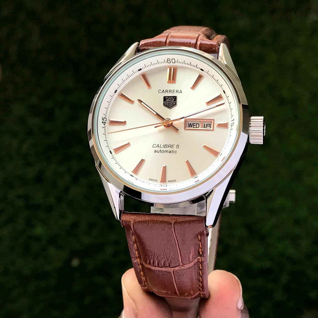 Tag Heuer Grand Carrera Calibre 5 Day Date White Copper Dial & Brown Leather Strap Swiss Japanese Automatic Machinery Mens Watch