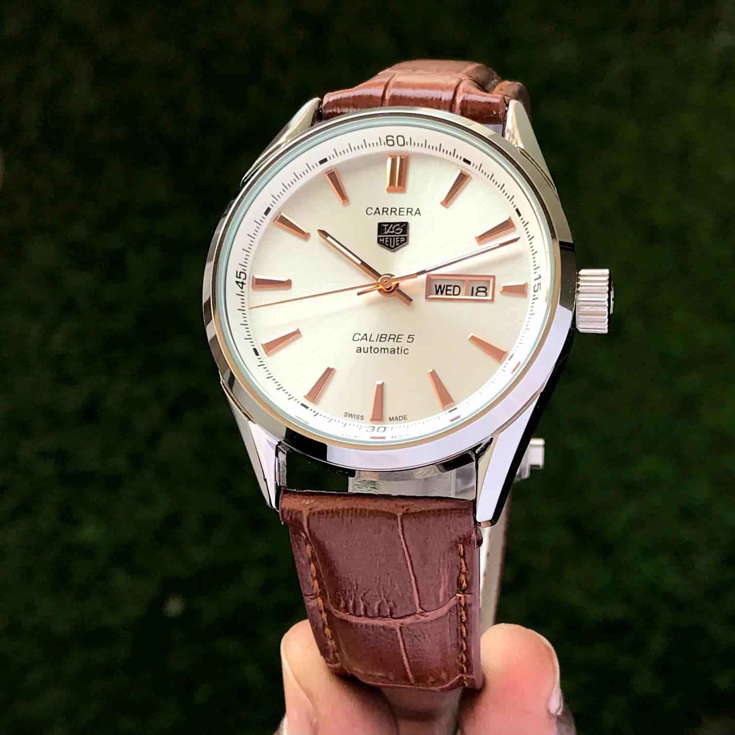 Tag Heuer Grand Carrera Calibre 5 Day Date White Copper Dial & Brown Leather Strap Swiss Japanese Automatic Machinery Mens Watch