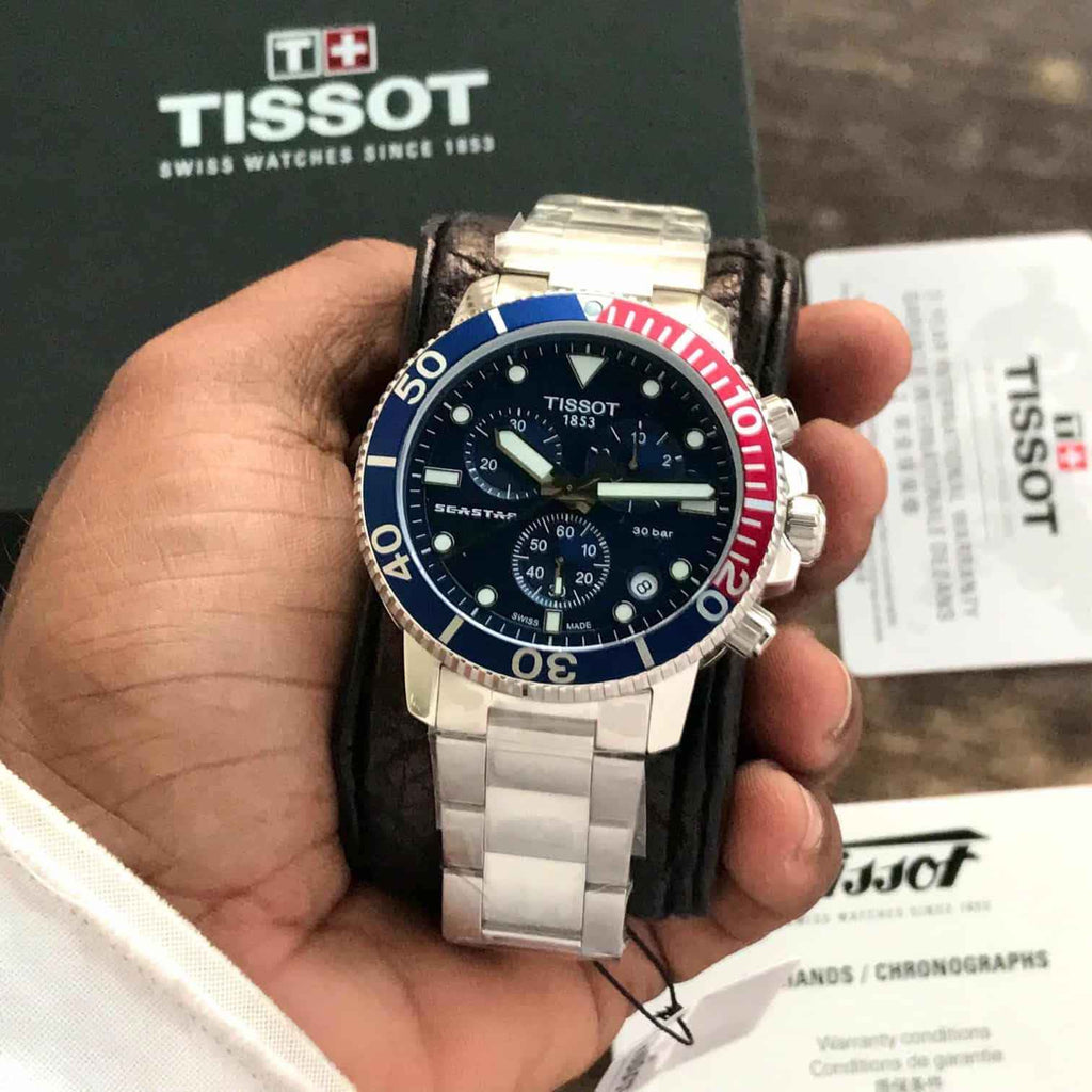 Tissot Seastar 1000 Chronograph Blue Dial Red Bazel Stainless Steel Chain Quartz Movement Men’s Watch
