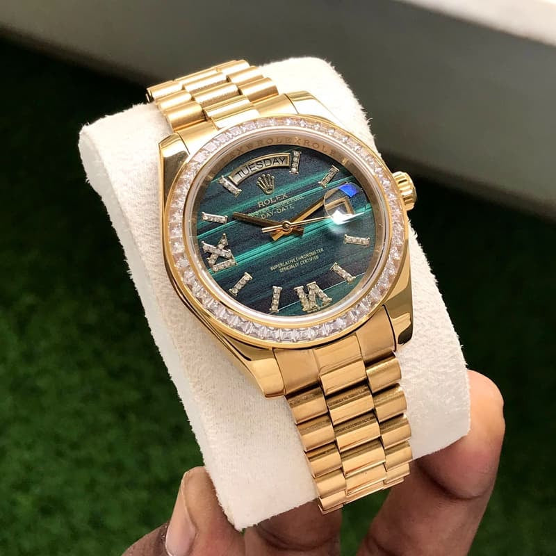 Exclusive Rolex Day Date Golden Green Dial & Diamond Basel Japanese Automatic Watch