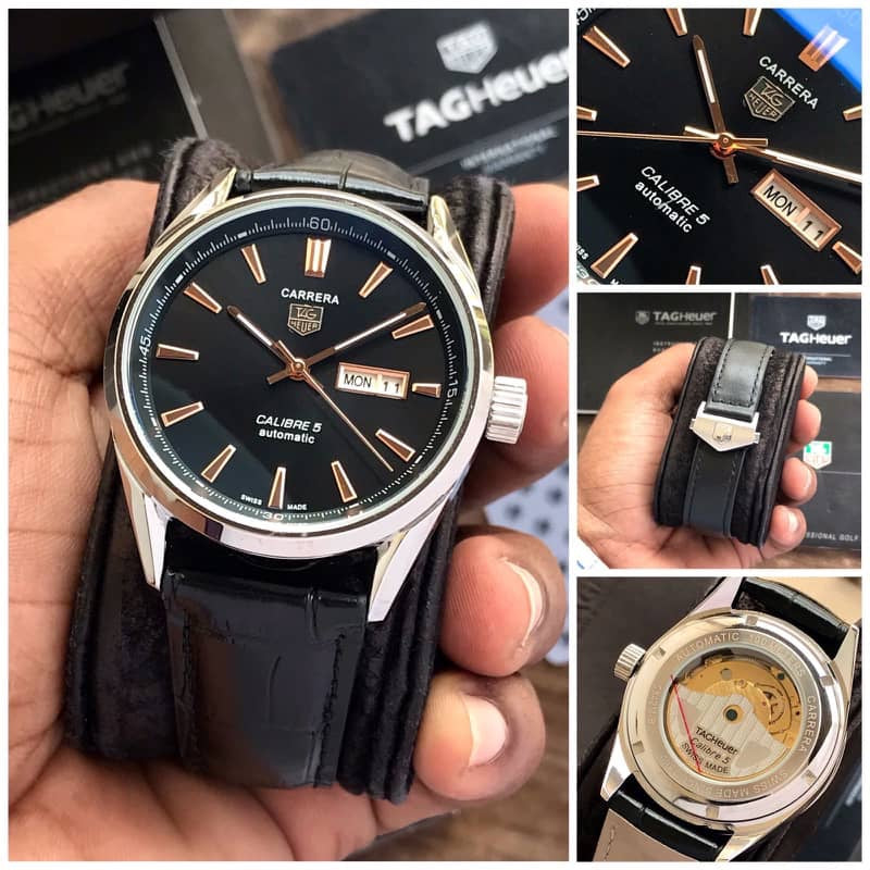 Tag Heuer Grand Carrera Calibre 5 Day Date Black Dial & Black Leather Strap Swiss Japanese Automatic Machinery Mens Watch