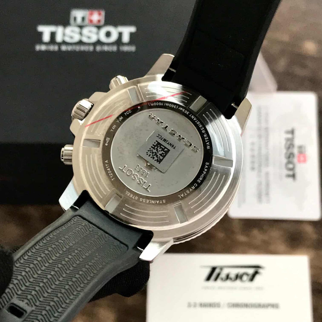 Tissot Seastar 1000 Chronograph’s Burgundy Dial Black Fiber Belt 100% Authentic Mens Watch
