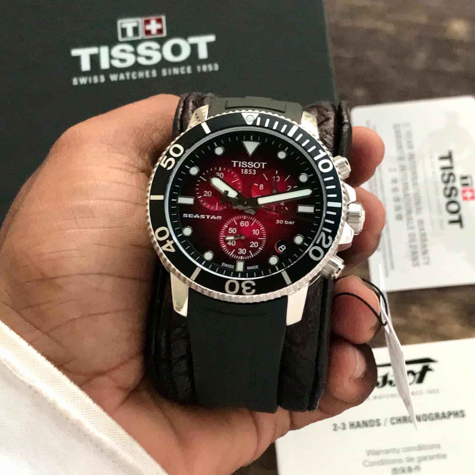 Tissot Seastar 1000 Chronograph’s Burgundy Dial Black Fiber Belt 100% Authentic Mens Watch