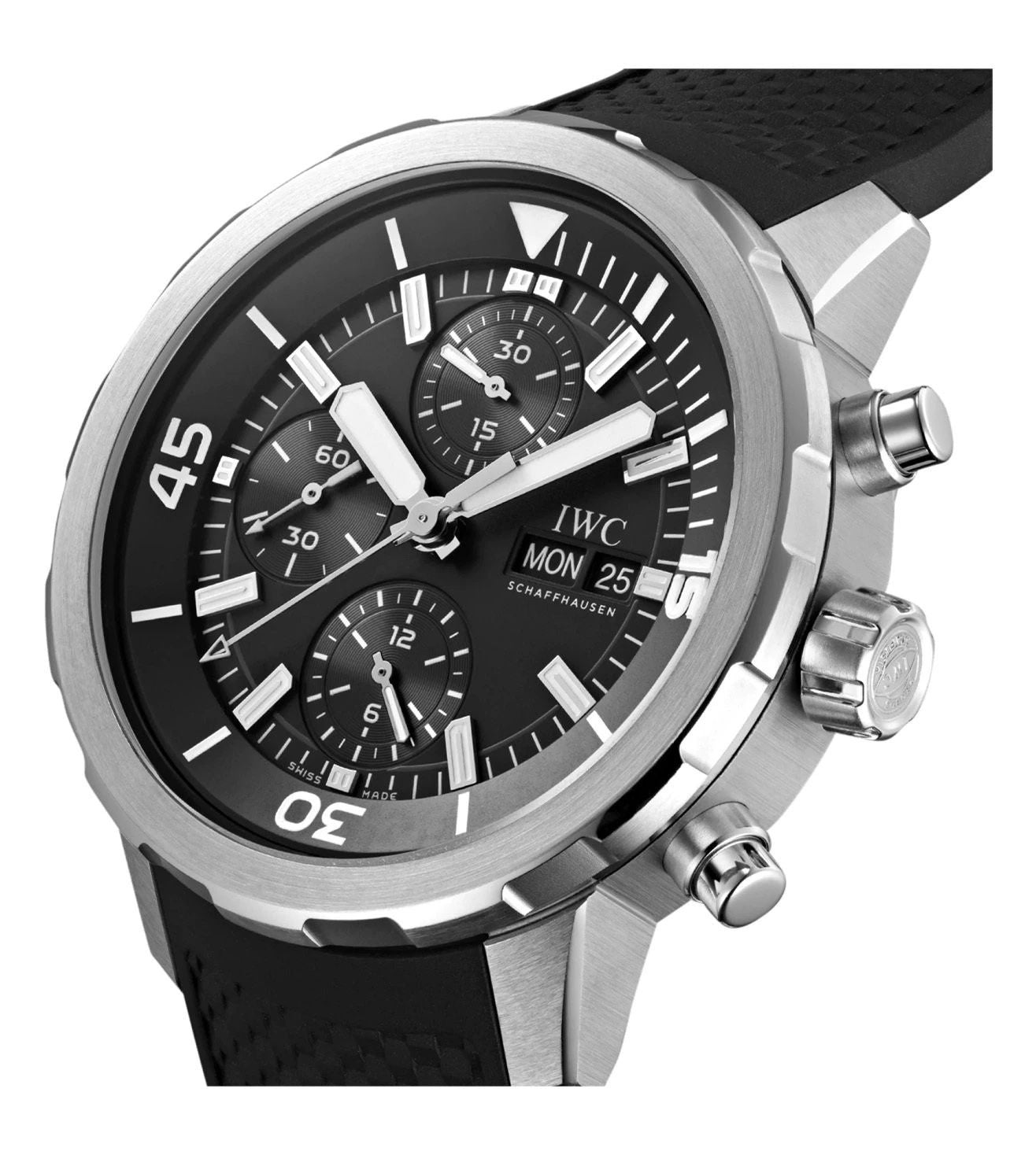 IWC Aquatimer Chronograph’s Day Date Black Dial Black Belt Men’s Watch