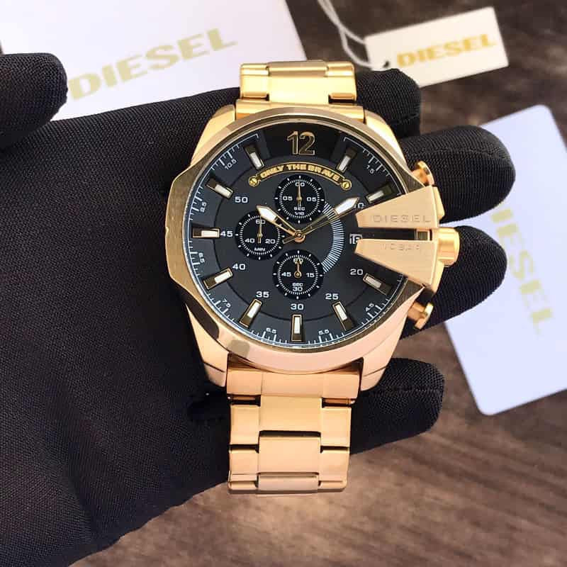 Diesel Mega Chief Full Gold & Black Dial Chronograph Mens Watch