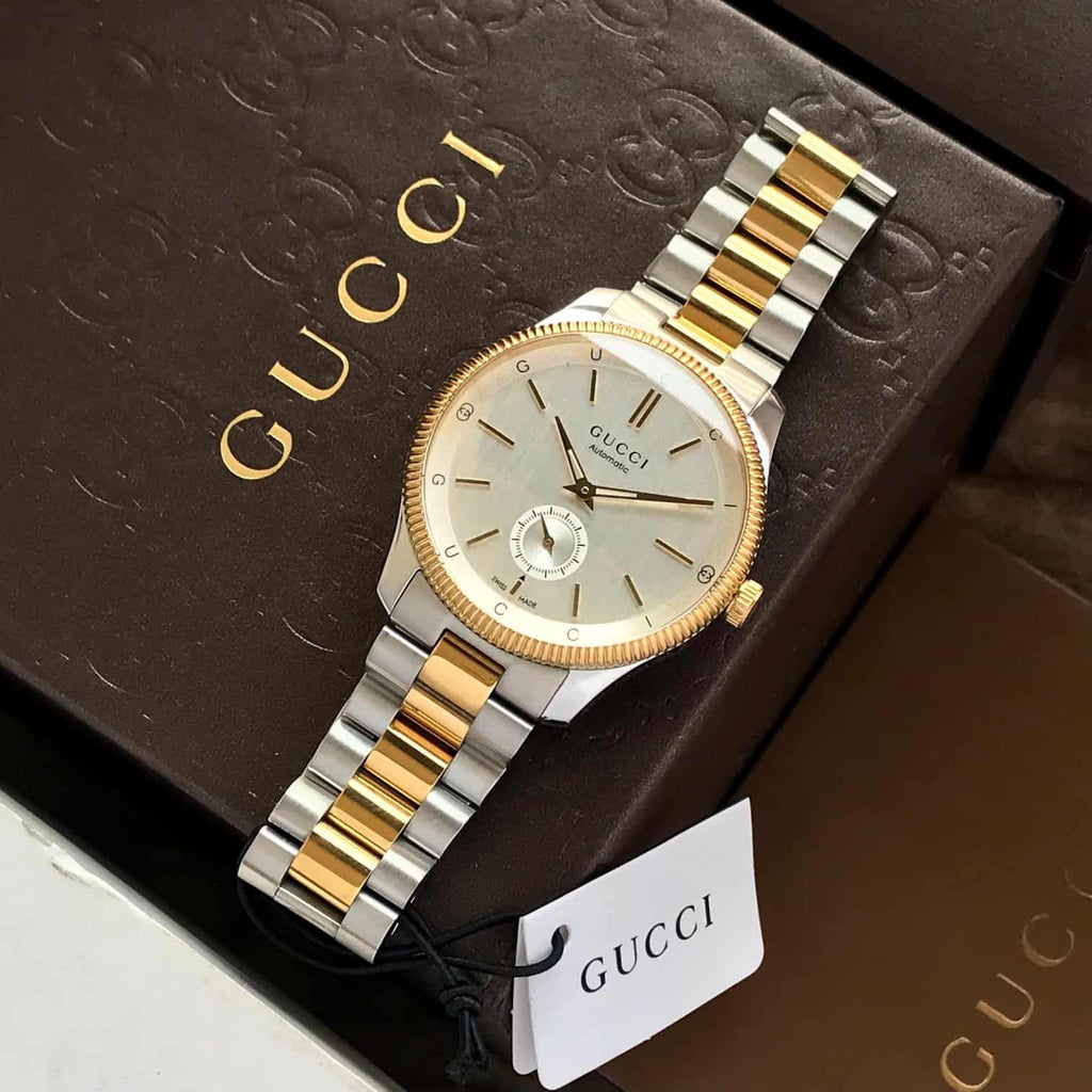 Gucci G-Timeless 40mm Two Tone White Dial Stainless Steel Mens Automatic Watch
