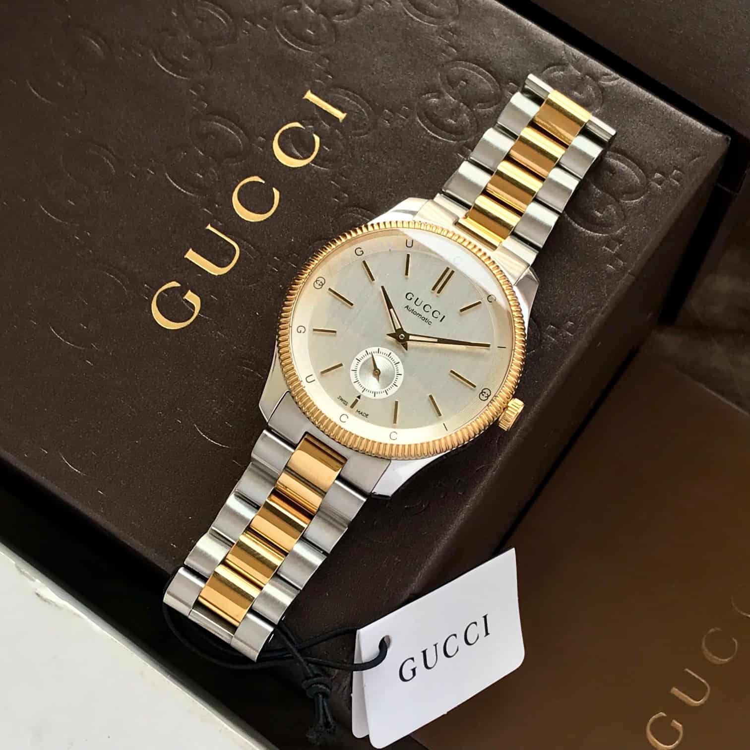 Gucci G-Timeless 40mm Two Tone White Dial Stainless Steel Mens Automatic Watch