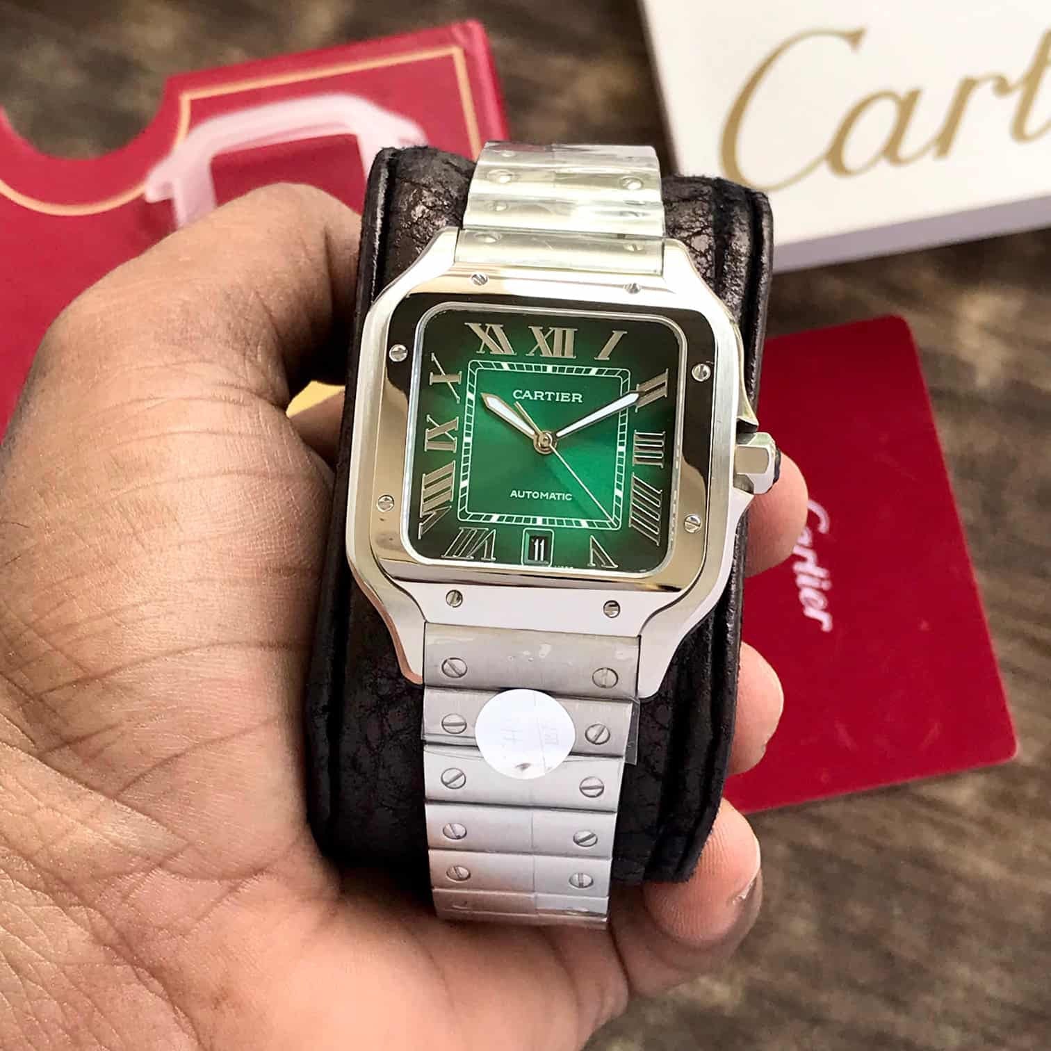 Cartier De Santosh Silver Green Dial Swiss ETA Movement Men’s Watch