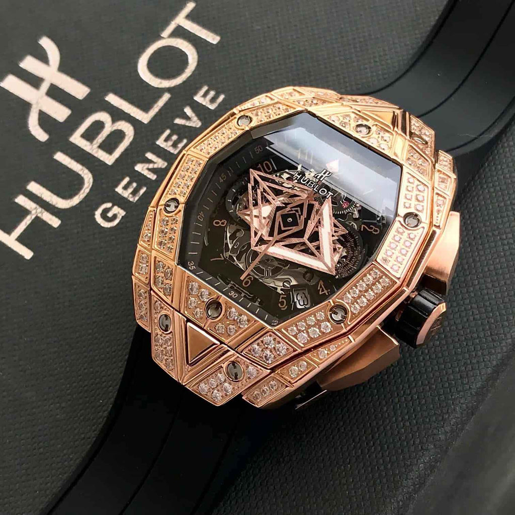 Hublot Big Bang Sang Blue King Gold Pave 42mm Dimond Bazel Mens Watch