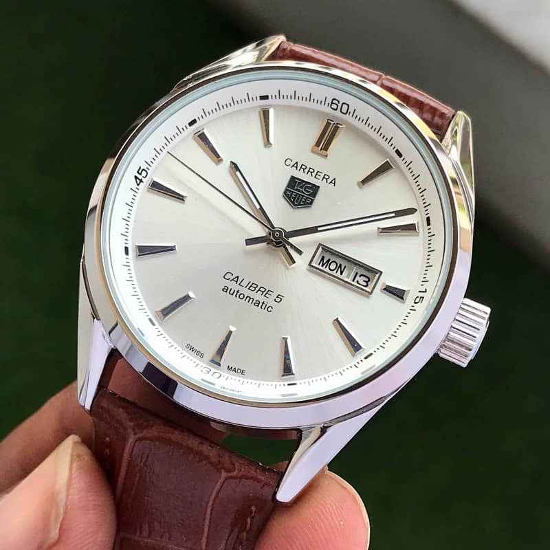 Tag Heuer Grand Carrera Calibre 5 Day Date White & Silver Dial & Brown Leather Strap Swiss Japanese Automatic Machinery Mens Watch
