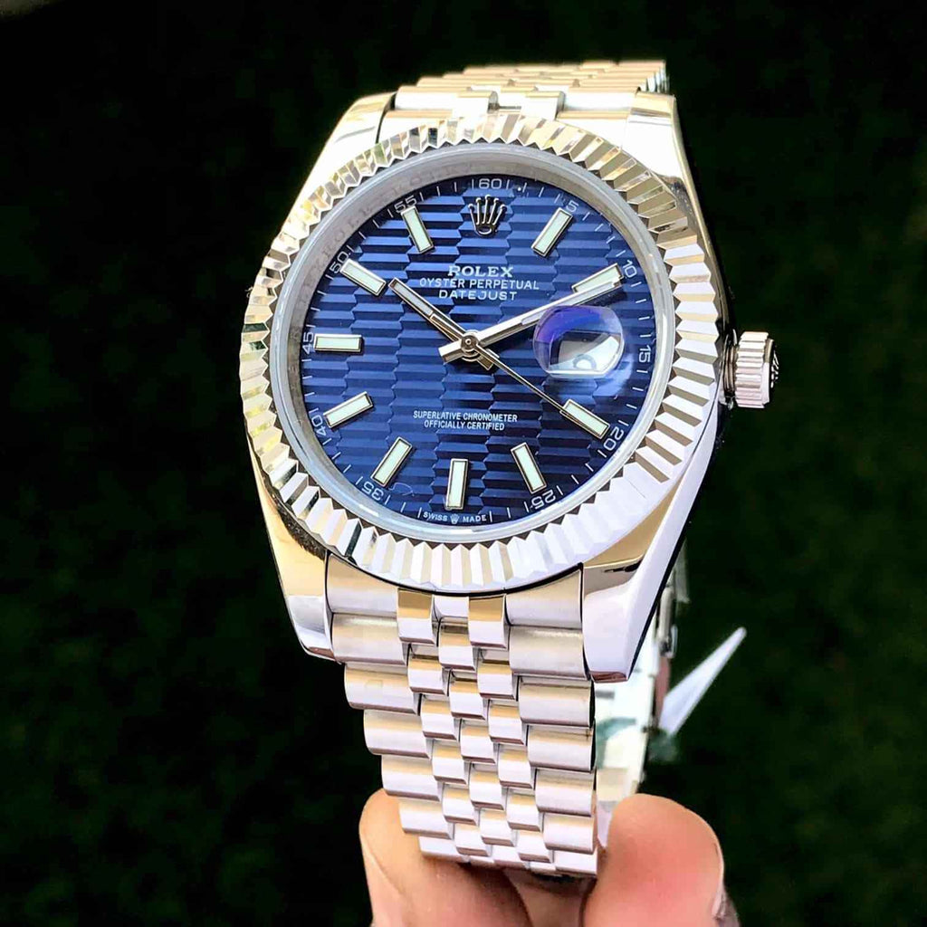 Rolex Date Just 41 Blue Motif Index Dial Fluted Bezel Jubilee Stainless Steel & Japanese Master Quality Mens Watch