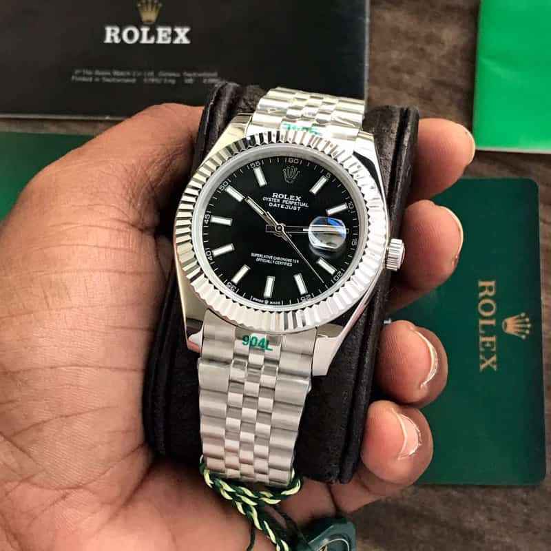 Rolex Datejust 41 Silver & Steel Fluted Jubilee Black Dial Swiss Semi ETA 3235 Movement