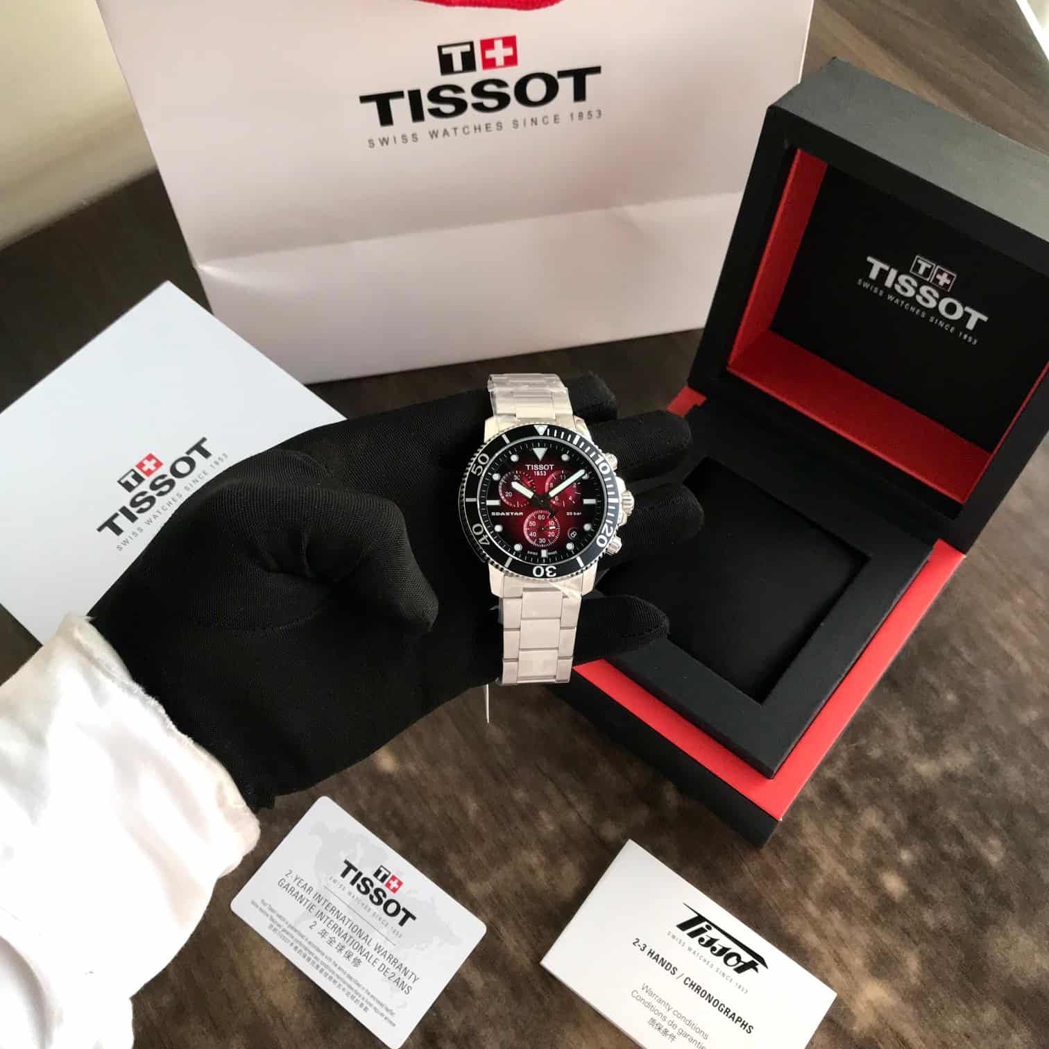 Tissot Seastar 1000 Chronograph Burgundy Dial Stainless Steel Chain Quartz Movement Men’s Watch
