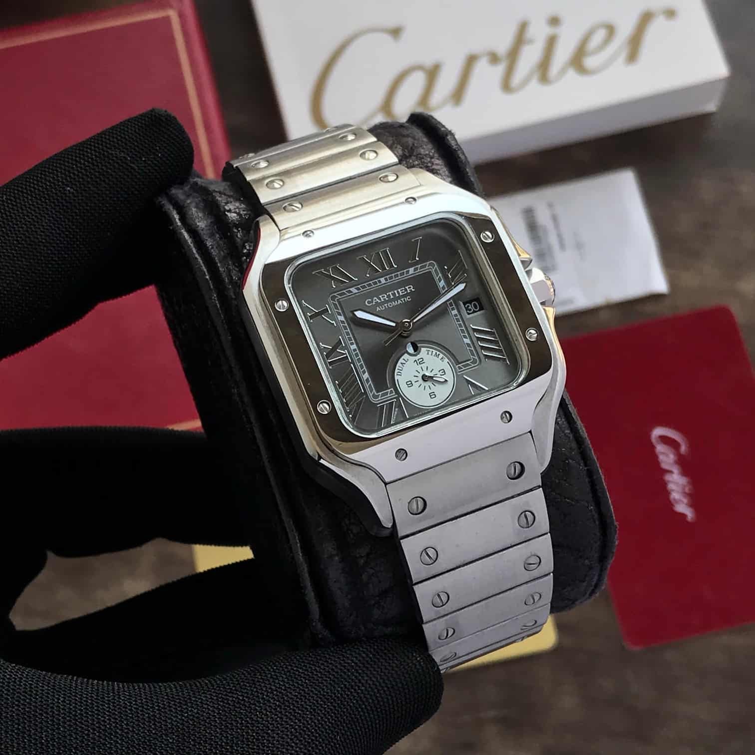 Cartier De Santos Stainless Steel Grey Dial Dual Time Premium Automatic Men’s Watch