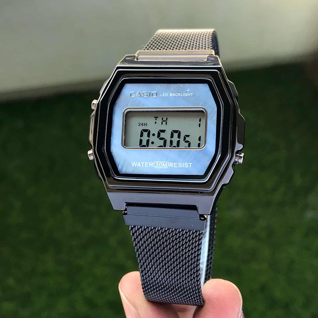 Casio Vintage Black Blue Dial A700WM-7ADF Digital Dial Stainless Steel Mesh Band