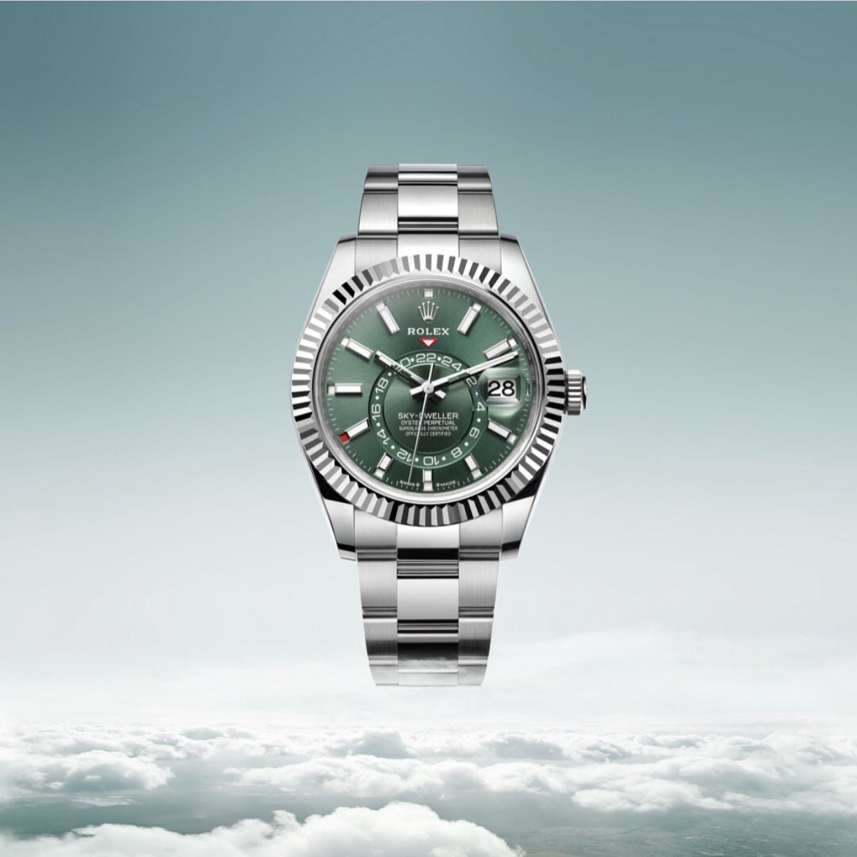 Rolex SkyDweller Silver Green Dial Oyster Chain Belt Automatic Men’s Watch