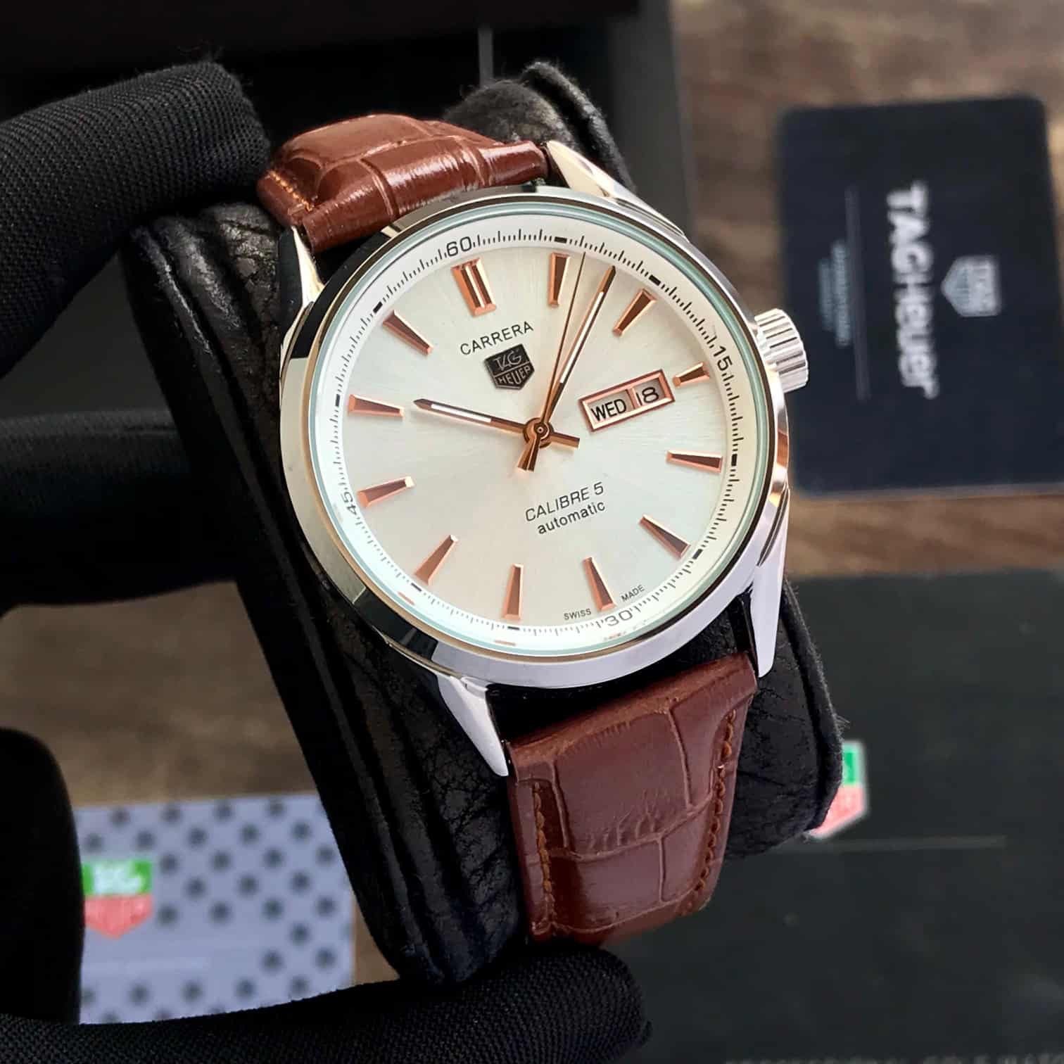 Tag Heuer Grand Carrera Calibre 5 Day Date White Copper Dial & Brown Leather Strap Swiss Japanese Automatic Machinery Mens Watch