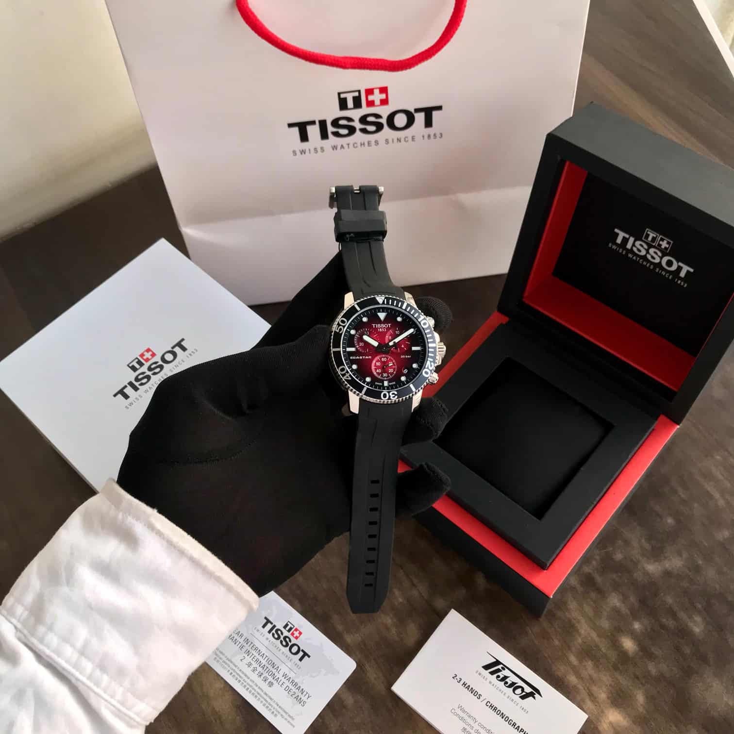 Tissot Seastar 1000 Chronograph’s Burgundy Dial Black Fiber Belt 100% Authentic Mens Watch