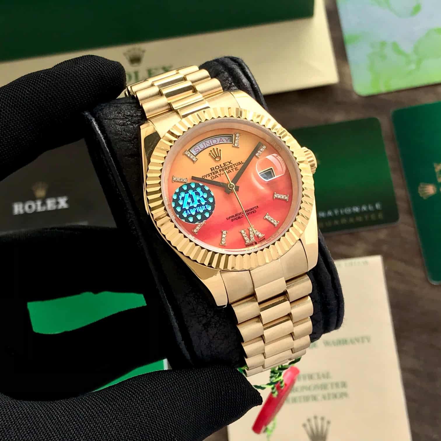 Rolex Day-Date President Yellow Gold Carnelian Orange Diamond Roman Dial Japanese Automatic Men’s Watch