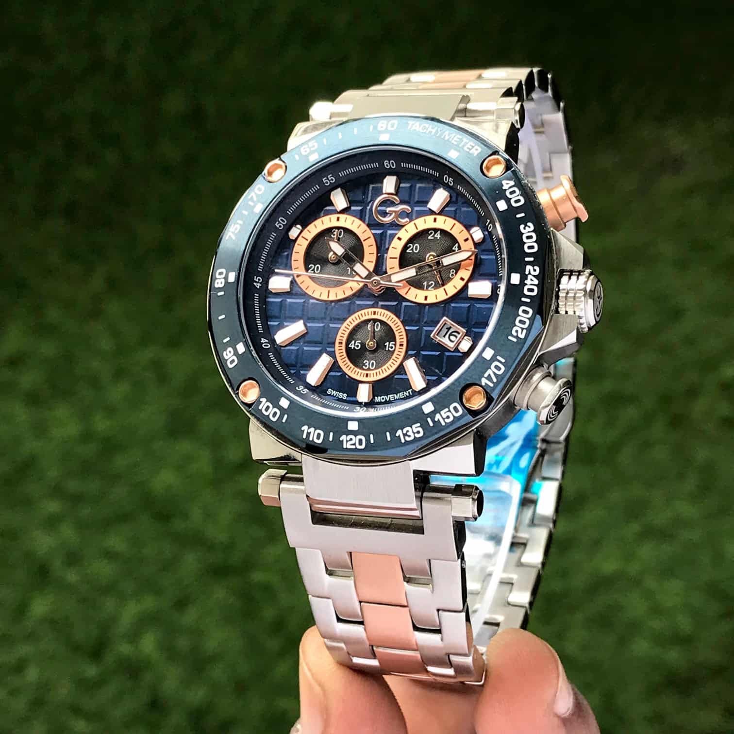 GC Heren Horloge Y81003G7MF Staal Blue Swiss Made Quartz Chronograph