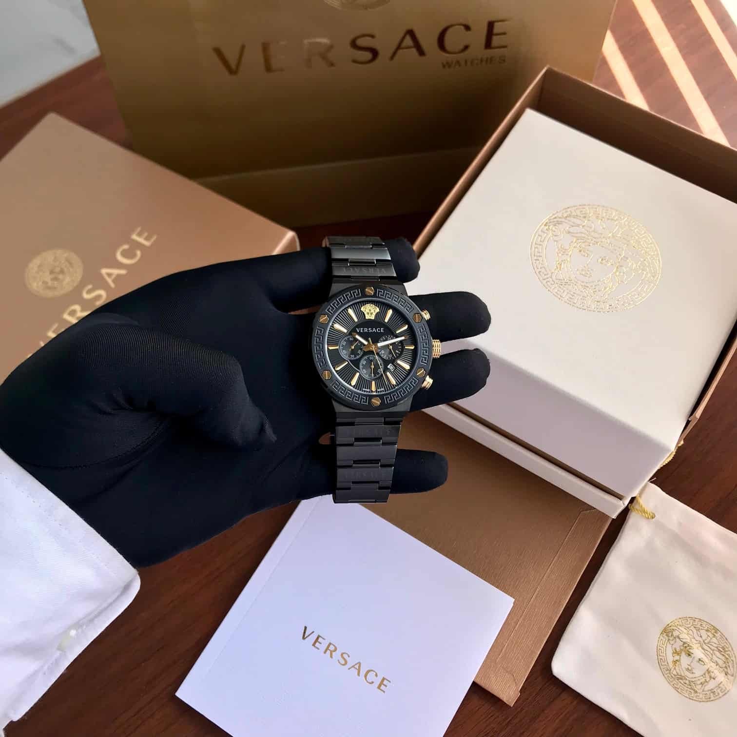 Versace Greca Logo Japanese Full Black Quartz Mens Watch