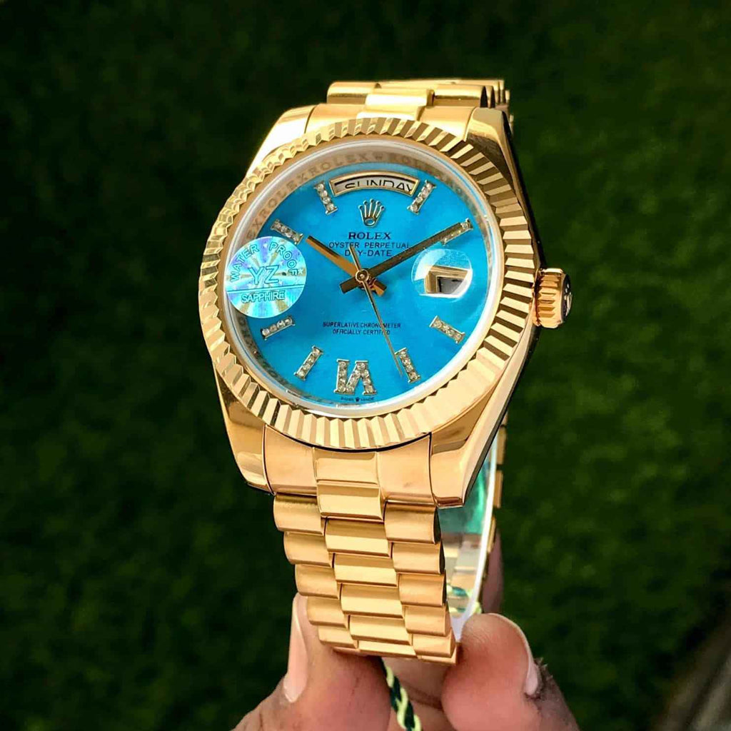 Rolex Day Date 40 Gold Tone Blue Dial Japanese Automatic Mens Watch