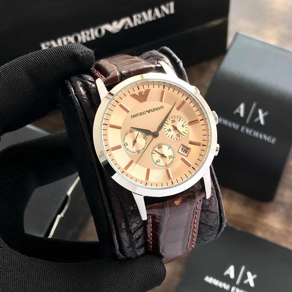 Emporio Armani AR2433 Chronograph Beige & Brown Leather Strap Mens Watch